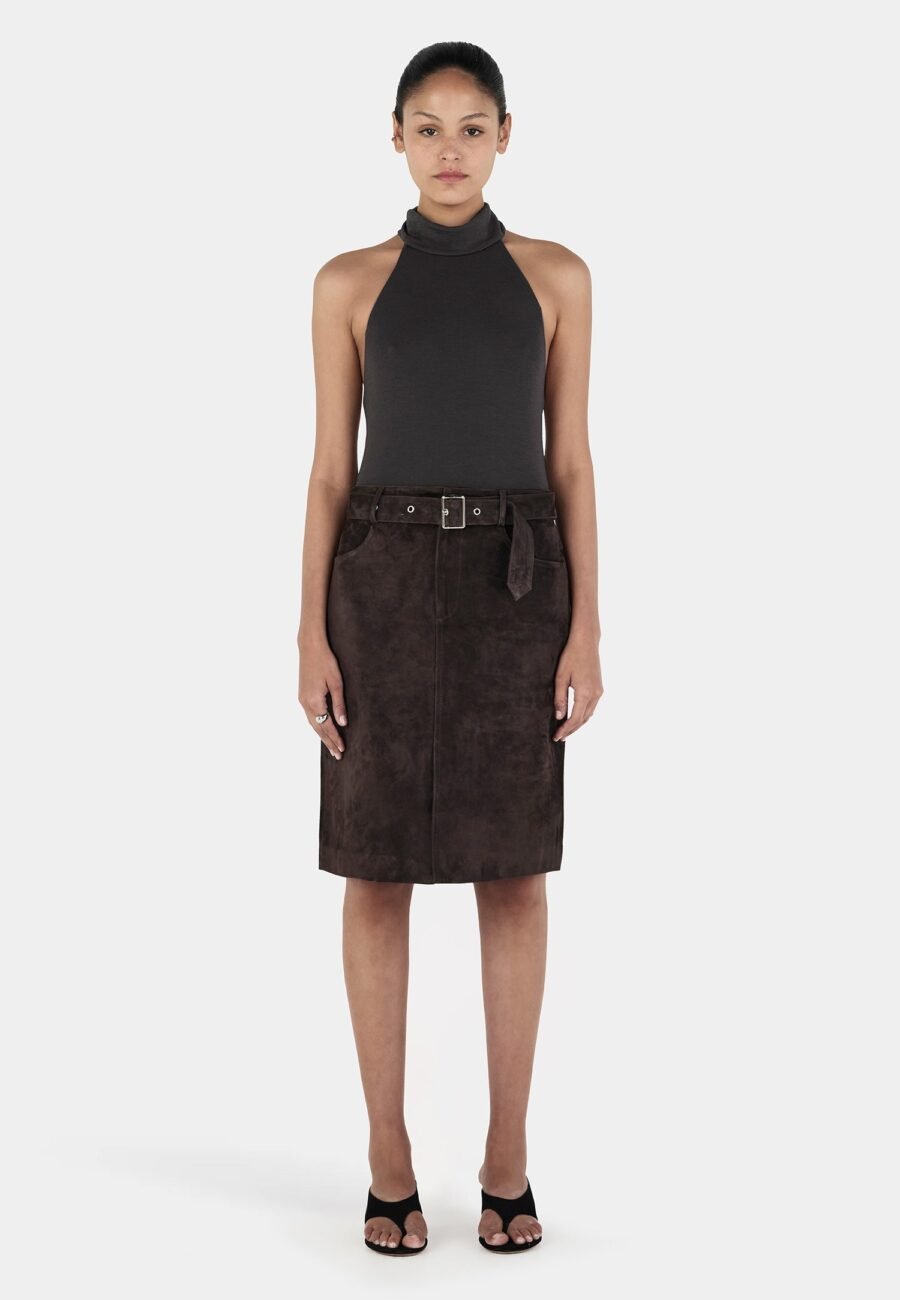 Casey Midi Leather Skirt Chocolate